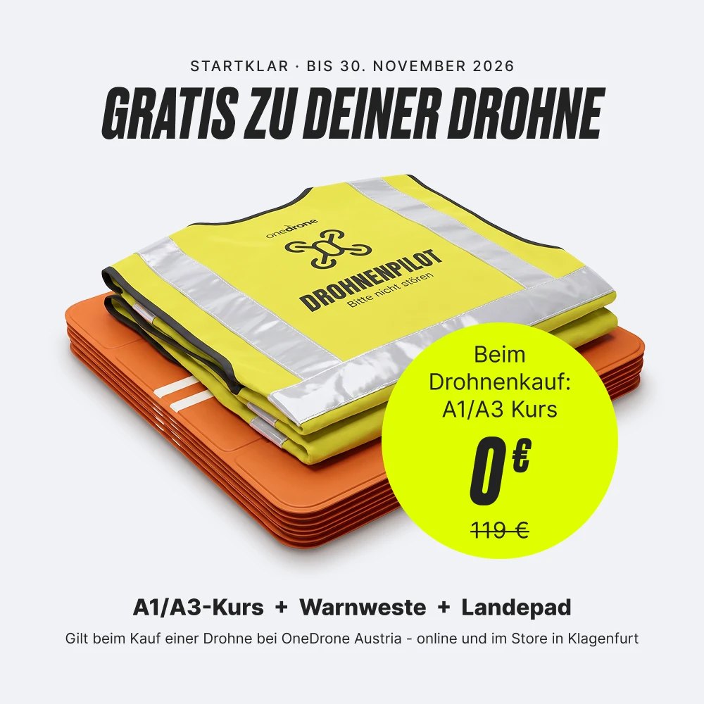 Gratis zu deiner Drohne: A1/A3-Kurs, Warnweste Drohnenpilot und Landepad – beim Drohnenkauf A1/A3-Kurs 0 € statt 119 €